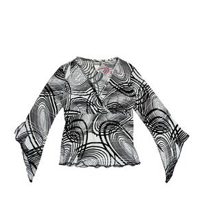 Vtg Rave Swirl Bell Sleeve Top V-Neck M deadstock nwt Black White boho artsy